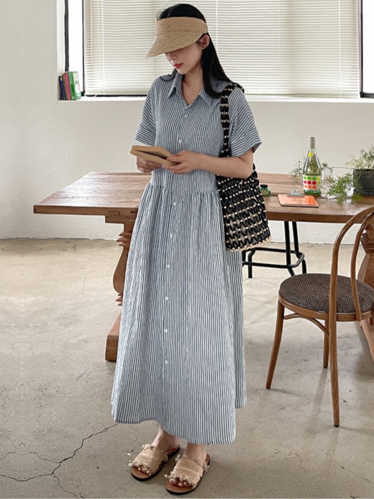 Korean Style A Line Shirt Dress - เดรสเชิ้ตลายทางสไตล์เกาหลีแบบเรโทรทรงหลวมใส่แล้วดูผอมเพรียว ชุดเดรสลำลองไซส์ใหญ่สำหรับผู้หญิง ผ้าฝ้ายลินิน กระโปรงยาวทรงเอไลน์