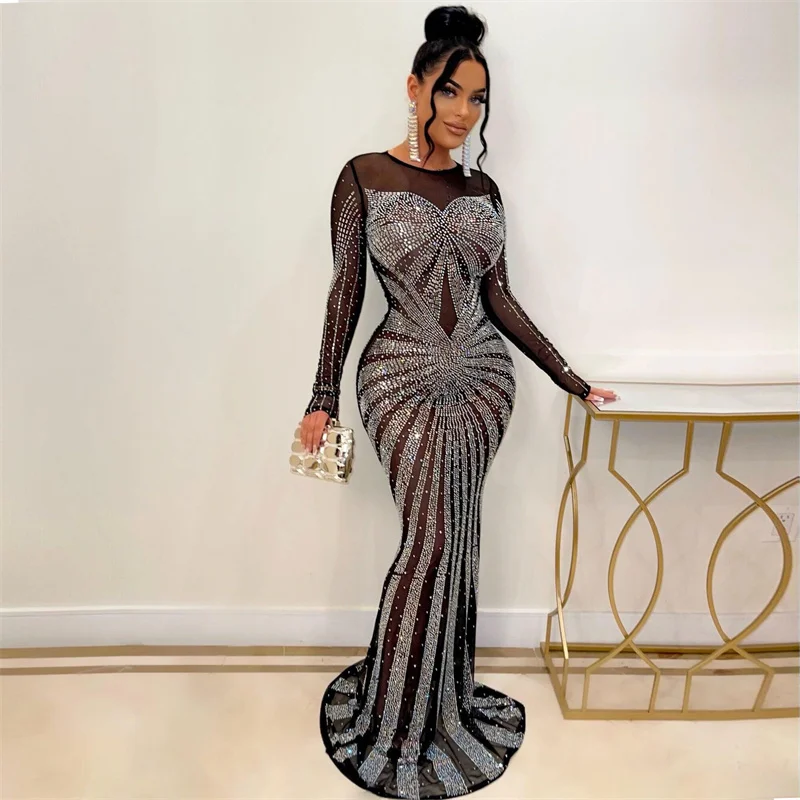 Sparkly Rhinestone Club Party Dress - เซ็กซี่คริสตัล Rhinestones Mermaid ชุดราตรีผู้หญิง Luxury Club
