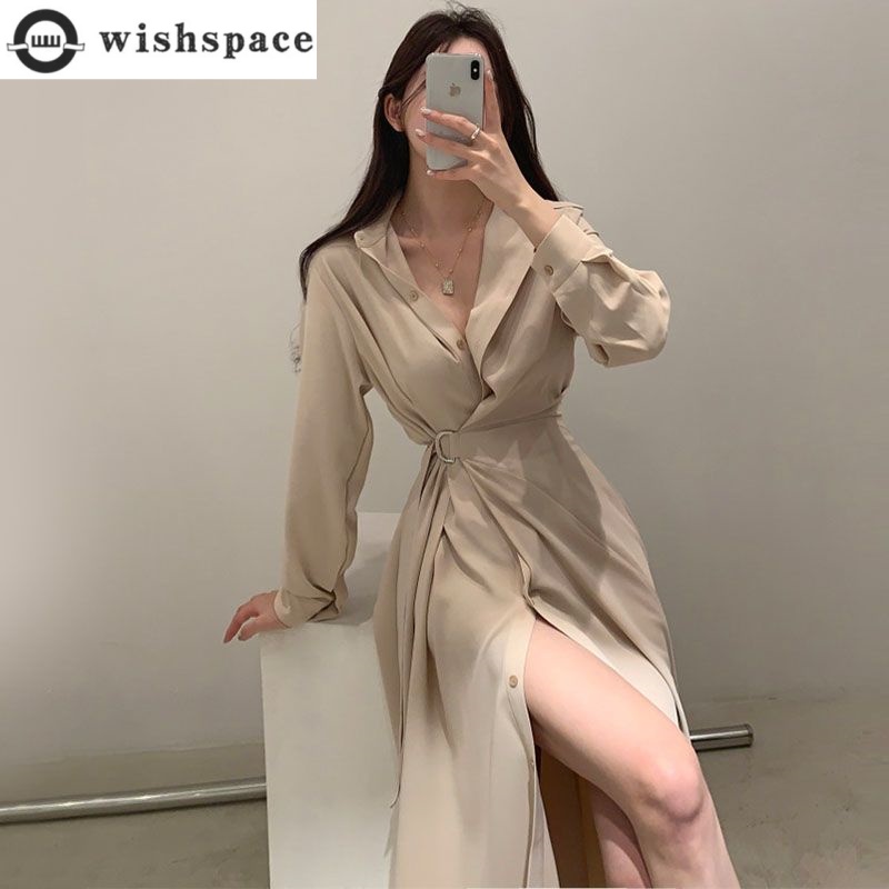 Korean Style A Line Shirt Dress - แขนยาวเสื้อเชิ้ตสไตล์เกาหลีสไตล์ผู้หญิงที่สง่างามเอว Cinched ชุดเสื้อคลุมฤดูร้อน