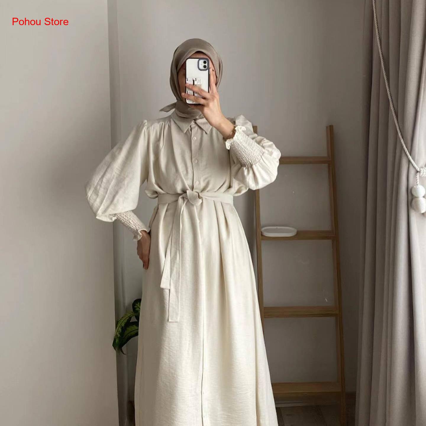 Korean Style A Line Shirt Dress - เดรสเชิ้ตสไตล์เกาหลี เดรสยาวเอวสูงสำหรับผู้หญิง กระโปรงทรงเอ คอปก แขนยาว ผ้าคอตตอนผสม