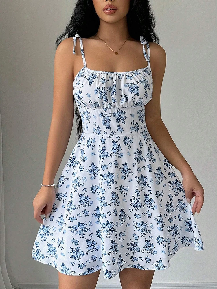 French Vintage Floral Midi Dress - เดรสสั้นลายดอกไม้สำหรับฤดูร้อนแบบสายเดี่ยวสำหรับผู้หญิง, เดรสผู้หญิง, เสื้อผ้าผู้หญิง, ชุดฤดูร้อน, ชุดเดรสใหม่ล่าสุดปี 2025