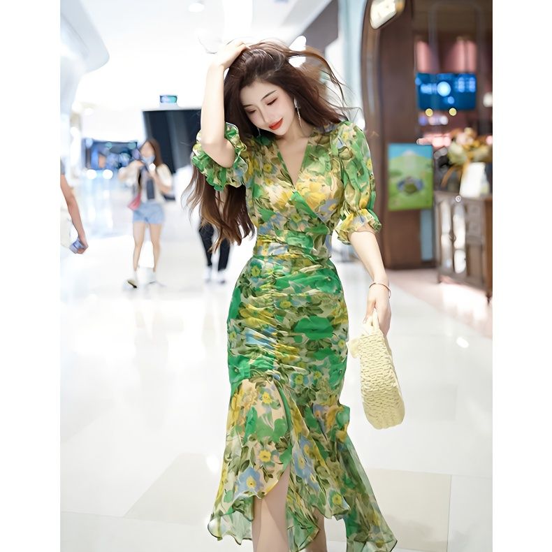 French Vintage Floral Midi Dress - ชุดเดรสกอดเอวสไตล์แฟชั่นฤดูร้อนใหม่ 2025 กระโปรงพิมพ์สีเขียวเข้ม