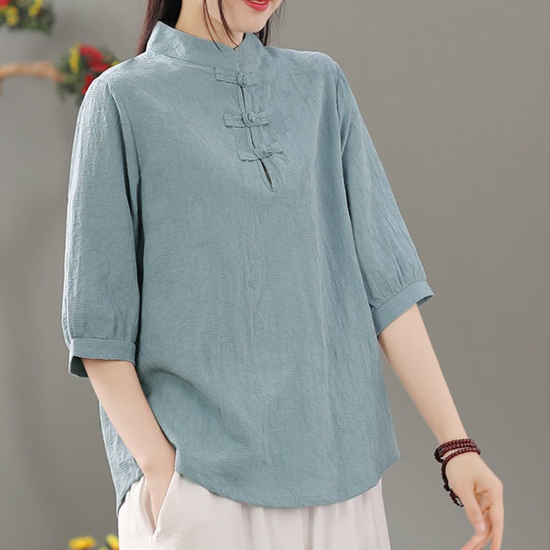 Blouses - เสื้อเบลาส์คอกลมแบบสวม ความยาวปกติ สไตล์วินเทจคลาสสิก แขนสั้น แต่งผ้าปะติด แขนยาว
