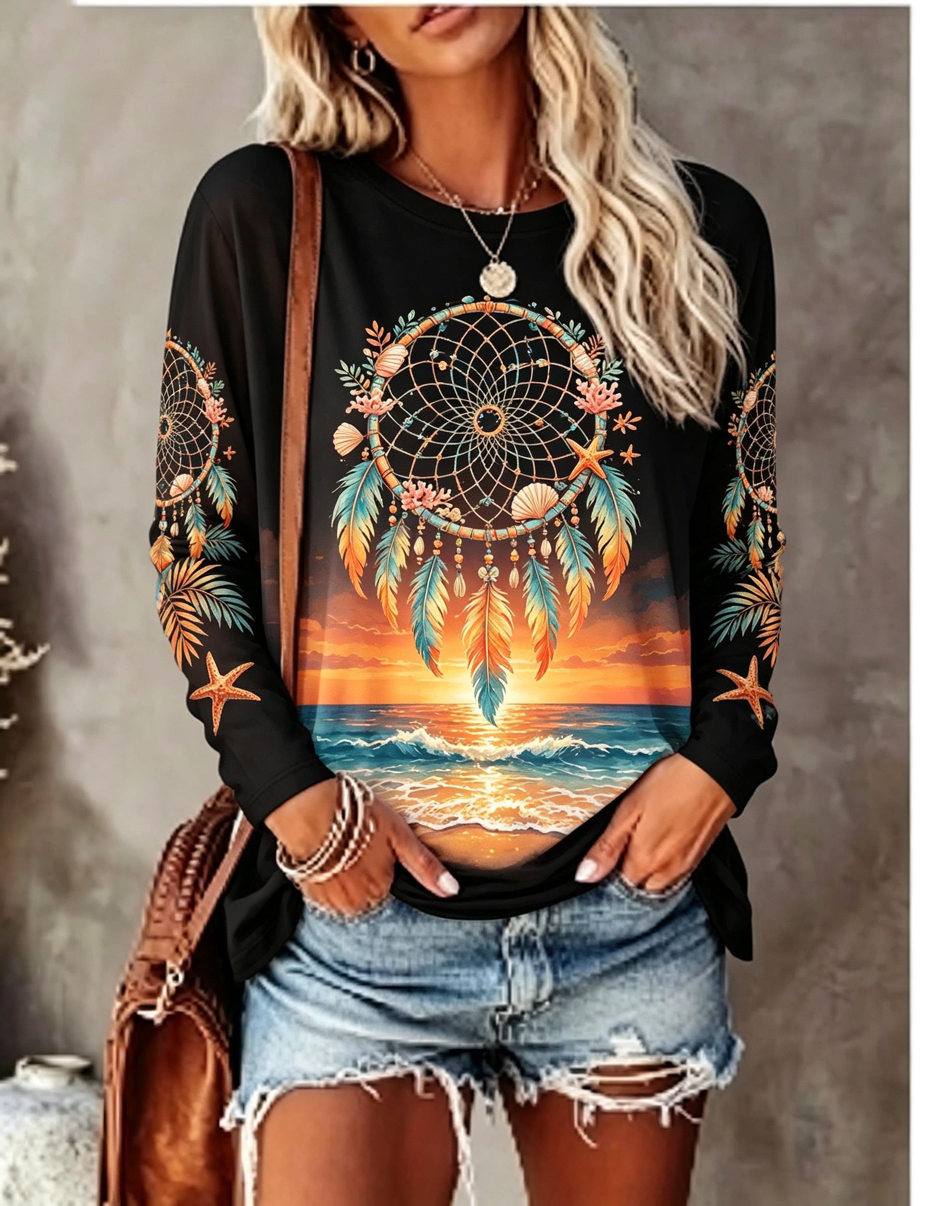 เสื้อยืดแขนยาวคอกลมผู้หญิง ลาย - Blouses บทวิจารณ์และราคา