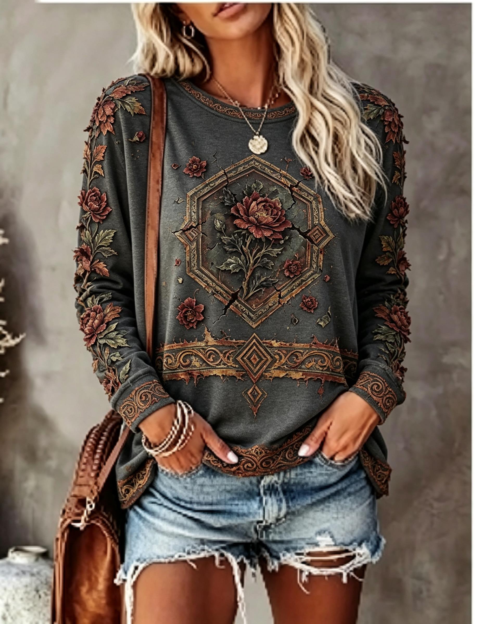เสื้อยืดแขนยาวคอกลมสำหรับผู้หญ - Blouses บทวิจารณ์และราคา