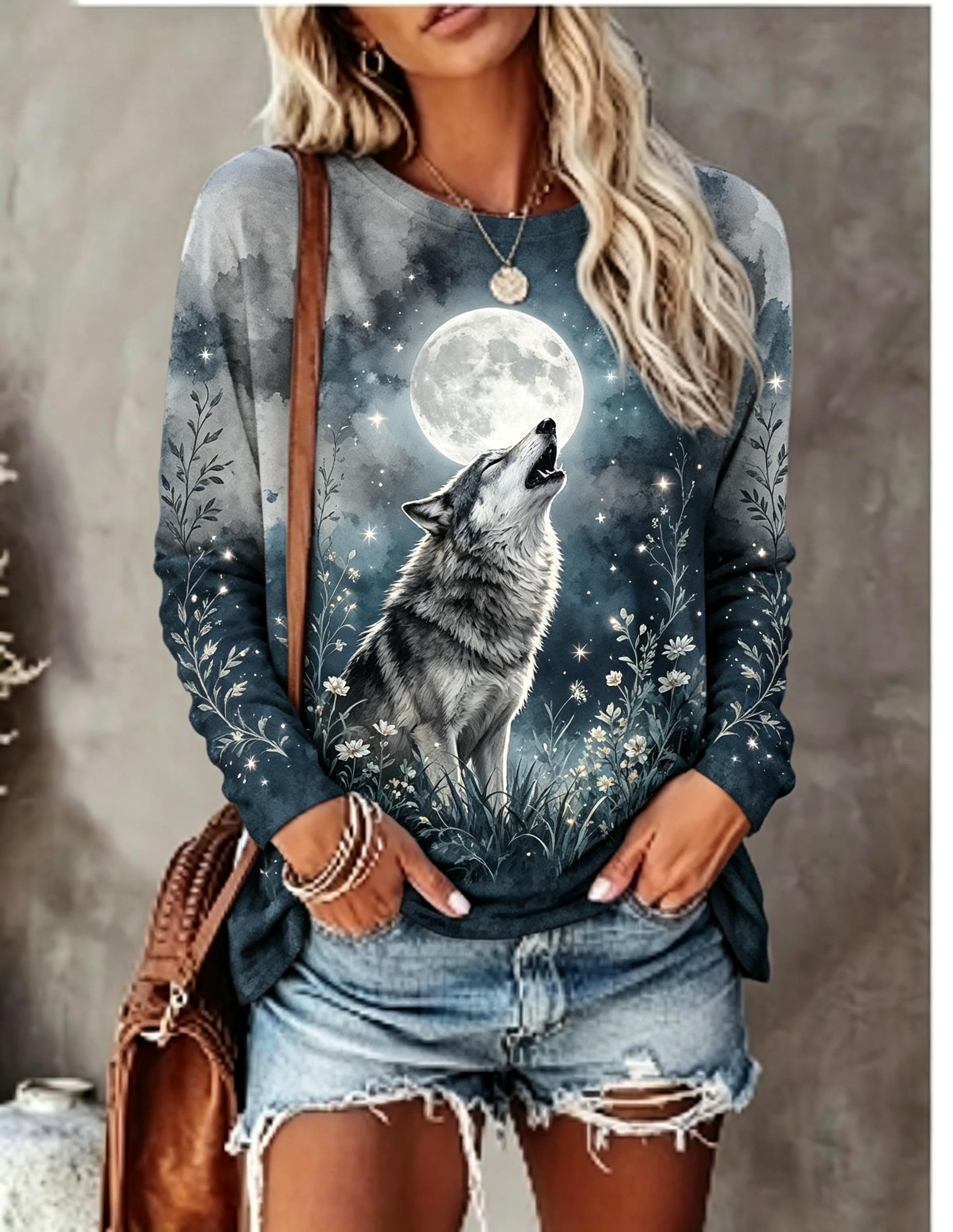 เสื้อยืดแขนยาวผู้หญิง ลายหมาป่ - Blouses บทวิจารณ์และราคา