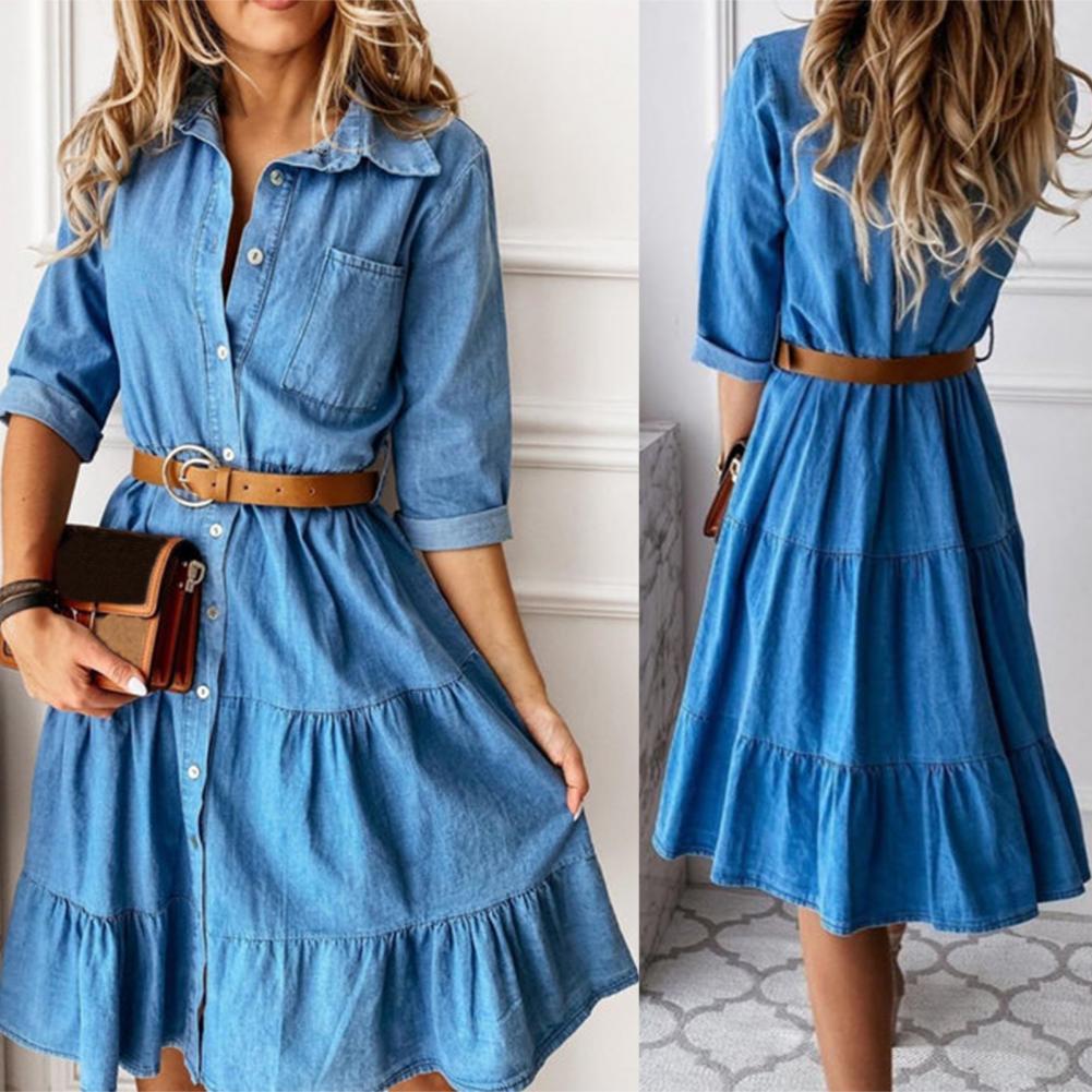 เดรสยีนส์แขนสามส่วนพร้อมเข็มขั - French Vintage Floral Midi Dress บทวิจารณ์และราคา