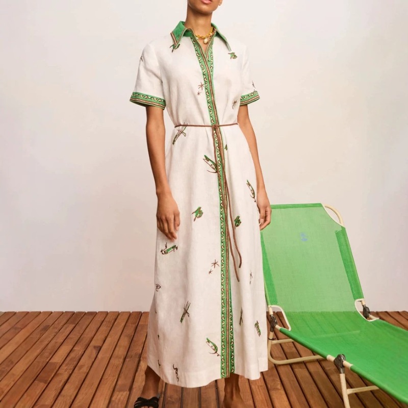 ชุดเดรสเชิ้ตยาวลายดอกไม้ผ้าลิน - Casual Loose Linen Shirt Dress บทวิจารณ์และราคา